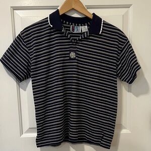 90s Vintage Navy and White Striped Women’s Polo Shirt